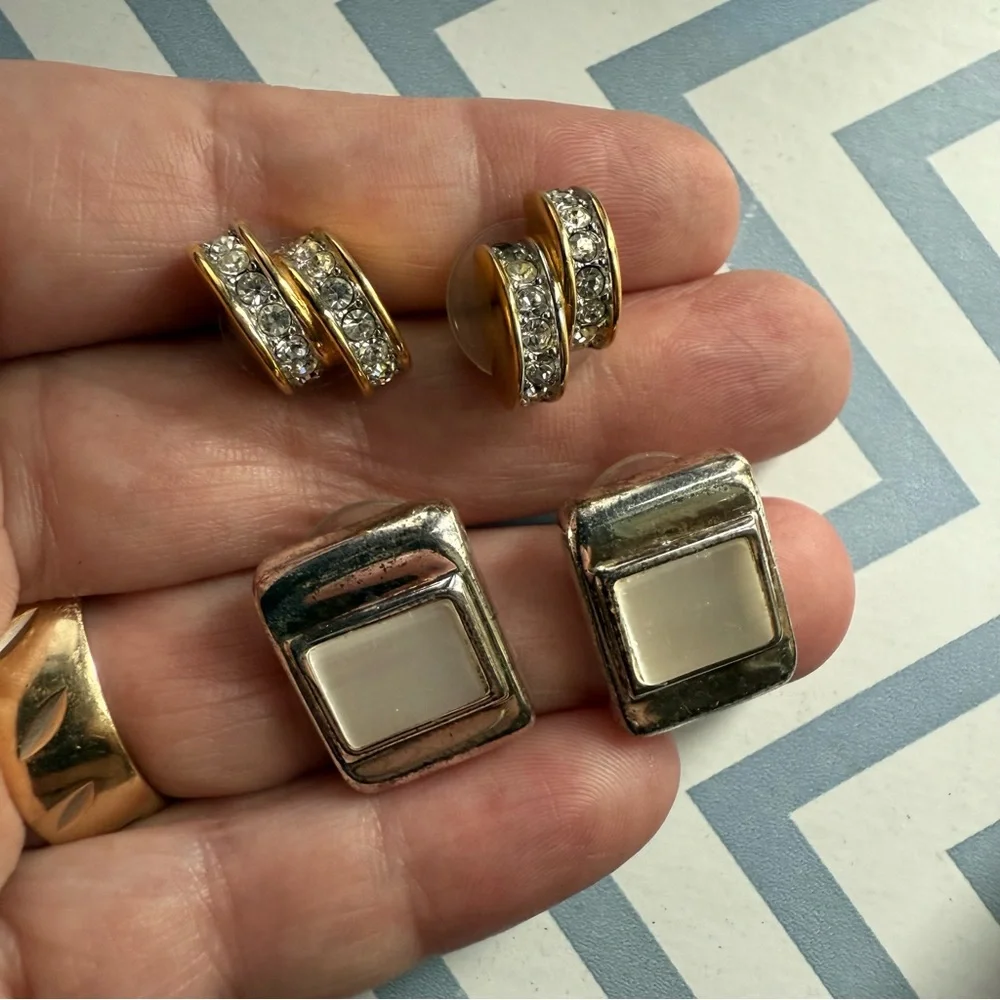 2 Pairs Post Earrings Gold Tone with Rhinestones and Silver Tone Rectangles
